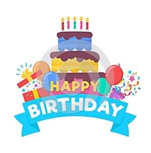 Happy Birthday greeting card in cartoon style with cake, presents, balloons and confetti. Vector illustration
