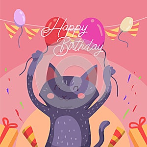 Happy birthday greeting card with cat character