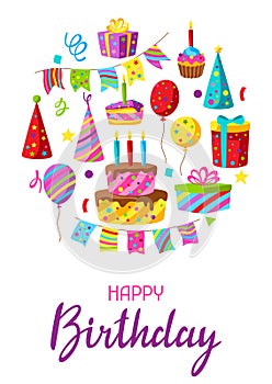 Happy Birthday greeting card. Celebration or holiday items.