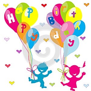 Happy birthday greeting card with children and balloons