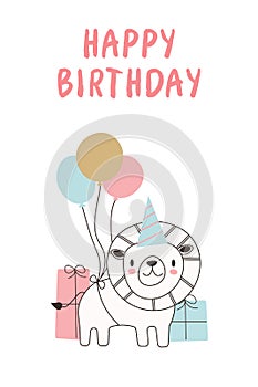 Happy Birthday greeting card for children with cute cartoon lion. African animals. Vector illustration ideal for cards