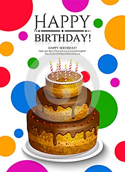 Happy Birthday greeting card. Chocolate cake with burning candles on dotted background. Vector.