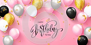 Happy birthday greeting card with colorful balloons and flying serpentine on pink background.Design template for birthday