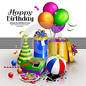 Happy birthday greeting card. Colorful wrapped gift boxes. Lots of presents and toys. Vector.