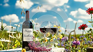 happy birthday greeting card with colourful flowers and red wine