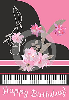 Happy birthday greeting card with concert black grand piano, floral treble clef, pink ribbon and tender bouquet of garden flowers