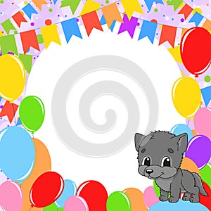 Happy birthday greeting card with a cute cartoon character. With copy space for your text. Picture on the background of bright