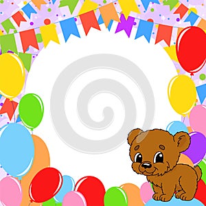 Happy birthday greeting card with a cute cartoon character. With copy space for your text. Picture on the background of bright