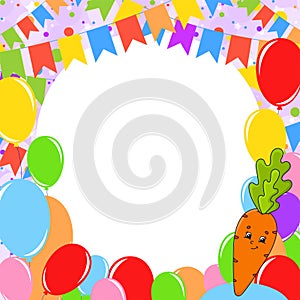 Happy birthday greeting card with a cute cartoon character. With copy space for your text. Picture on the background of bright