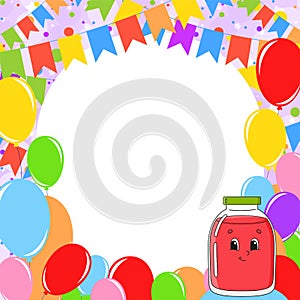 Happy birthday greeting card with a cute cartoon character. With copy space for your text. Picture on the background of bright
