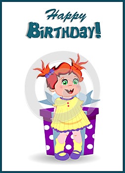 Happy Birthday Greeting Card of Cute Cartoon Girl