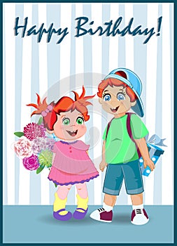 Happy Birthday Greeting Card of Cute Cartoon Kids