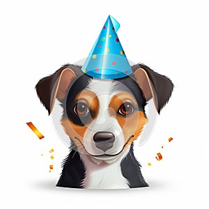 Happy birthday greeting card with cute dog in party hat. Vector
