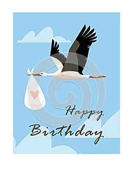 Happy Birthday greeting card, cute flying stork carrying a bag with heart on blue sky, newborn baby delivery vector