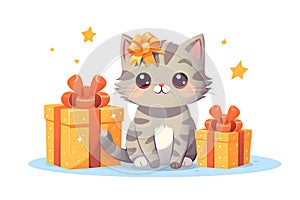 Happy Birthday. Greeting card with cute gray cat with gifts.