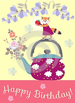 Happy birthday greeting card with cute little fox on the teapot with bouquet of roses.