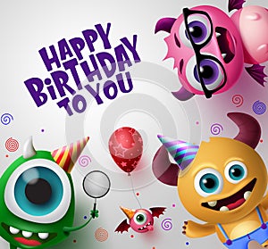 Happy birthday greeting card with cute little monsters creature vector background design