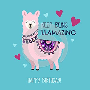 Happy Birthday greeting card with cute llama and doodles. Keep b photo