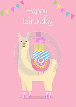 Happy birthday greeting card with cute llama. Funny alpaca with birthday gifts. Template for nursery design, poster