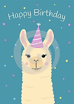 Happy birthday greeting card with cute llama head. Funny alpaca with birthday hat. Template for nursery design, poster