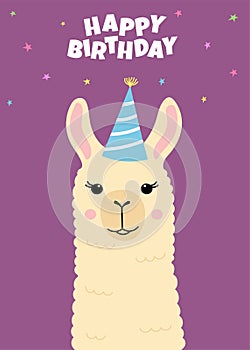 Happy birthday greeting card with cute llama head. Funny alpaca with birthday hat. Template for nursery design, poster