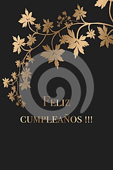 Happy Birthday greeting card design in Spanish. Golden letters on a dark background