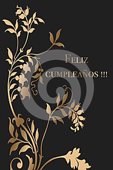 Happy Birthday greeting card design in Spanish. Golden letters on a dark background