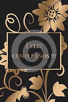 Happy Birthday greeting card design in Spanish. Golden letters on a dark background