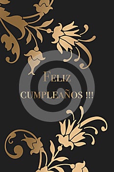 Happy Birthday greeting card design in Spanish. Golden letters on a dark background