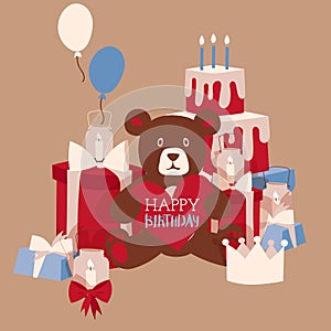 Happy birthday greeting card design, vector illustration. Cute teddy bear toy holding heart with space for text
