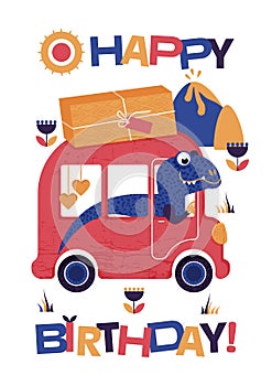 happy birthday greeting card with dinosaur on car
