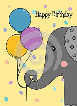 Happy Birthday greeting card with elephant holding three balloons on dotted background. Vector.