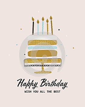 Happy Birthday greeting card. Festive cute glitter cake with candles. Vector illustration in hand-drawn simple style