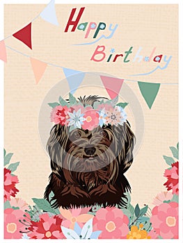 Happy Birthday greeting card. funny puppy. Vector illustration.