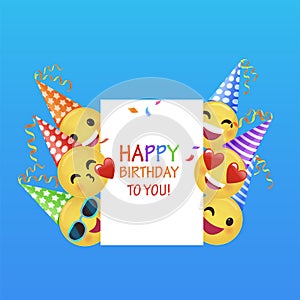 Happy Birthday greeting card with funny smiles and paper sheet for congratulations. Adorable characters. Vector illustration