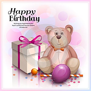 Happy birthday greeting card. Gift box with pink ribbon, cute pink teddy bear and balloon. Vector.