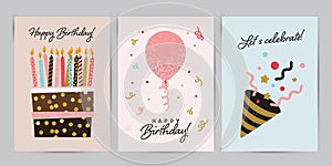 Happy Birthday greeting card and invitation templates with glitter cake, balloon. Vector illustration