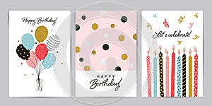 Happy Birthday greeting card and invitation templates with glitter elements. Vector illustration