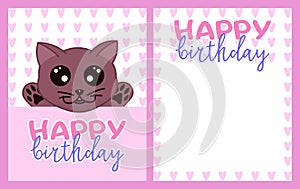 Happy birthday greeting card with kawaii doodle cat, cute cartoon drawing animal, editable vector illustration for kids decoration