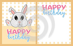 Happy birthday greeting card with kawaii doodle rabbit, cute cartoon drawing animal, editable vector illustration