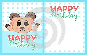 Happy birthday greeting card with kawaii doodle ram, cute cartoon drawing animal, editable vector illustration for kids decoration