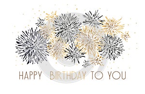 Happy Birthday greeting card with lettering design. Golden glitter fireworks red background.