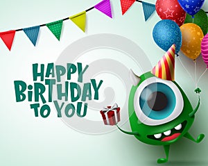 Happy birthday greeting card with monster character vector background template.