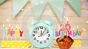 Happy birthday greeting card with muffin pie and retro clock on clock hands new birth 20