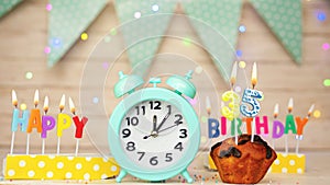 Happy birthday greeting card with muffin pie and retro clock on clock hands new birth 35