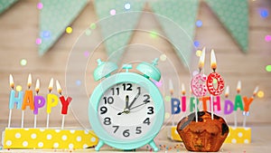 Happy birthday greeting card with muffin pie and retro clock on clock hands new birth 60