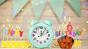 Happy birthday greeting card with muffin pie and retro clock on clock hands new birth 70