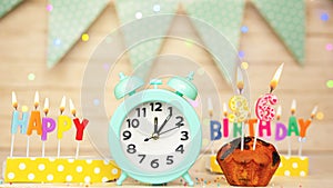 Happy birthday greeting card with muffin pie and retro clock on clock hands new birth 96