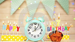 Happy birthday greeting card with muffin pie and retro clock on clock hands new birth. 97