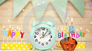 Happy birthday greeting card with muffin pie and retro clock on clock hands new birth. 98